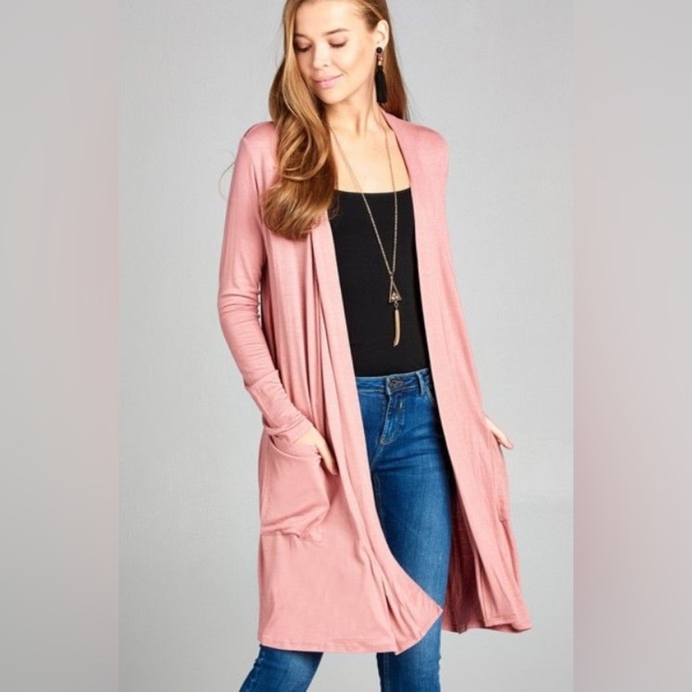 Long Pink Cardigan Sweater w/ Pockets